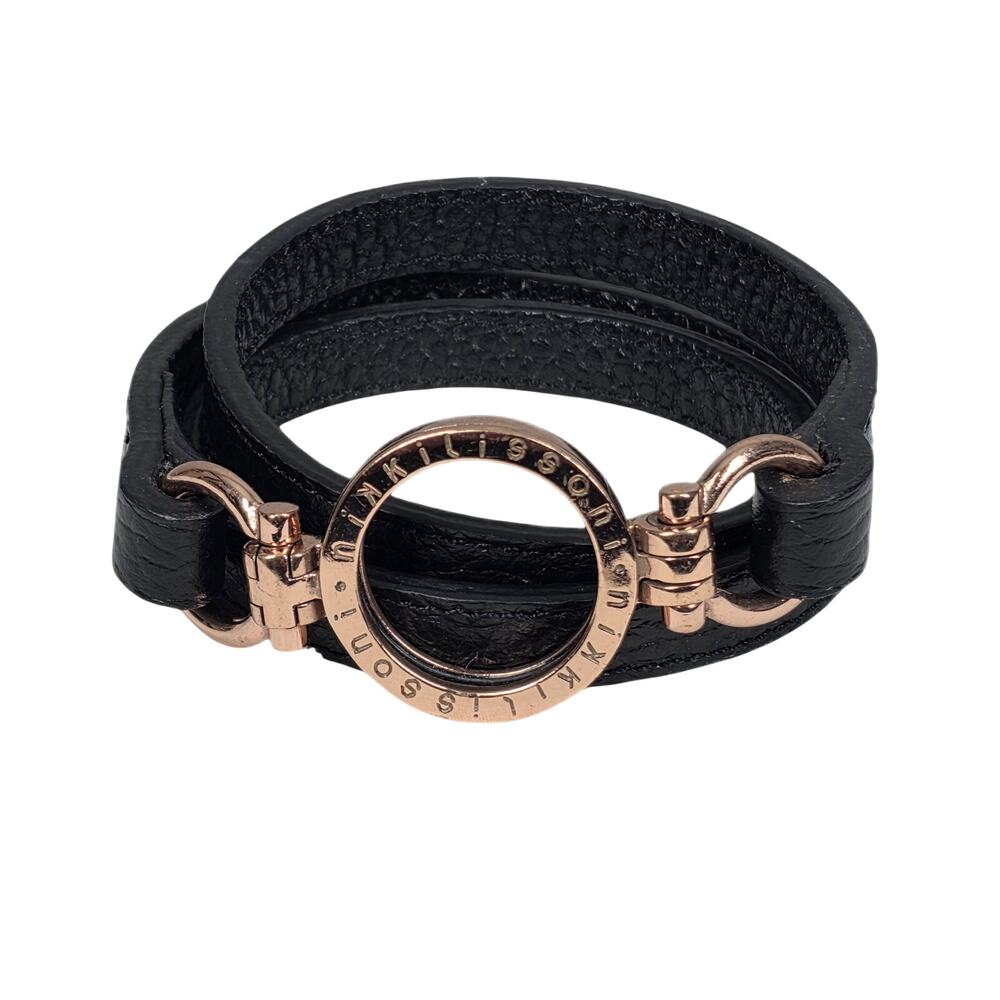 NIKKI LISSONI BLACK LEATHER WRAP BRACELET – ROSE GOLD‑PLATED RING – SIZE XS/S